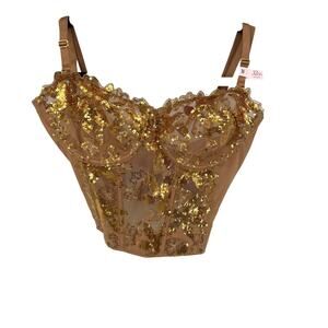 NEW Victoria's Secret Very Sexy Sheer Corset Bra Top 32DD Tan Gold Sequin Glam